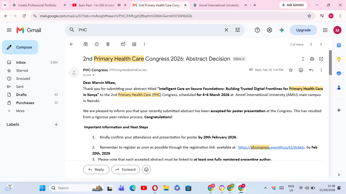 Email confirming acceptance of Marvin Mbae’s abstract for poster presentation at the 2nd Primary Health Care Congress 2026
